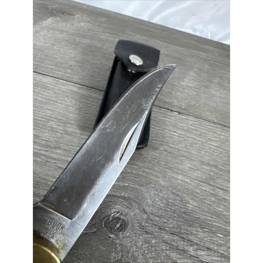 Buck 110 Folding Hunter Knife. 3-dot. (1980-81) USA. Original Leather Sheath - Picture 4 of 9